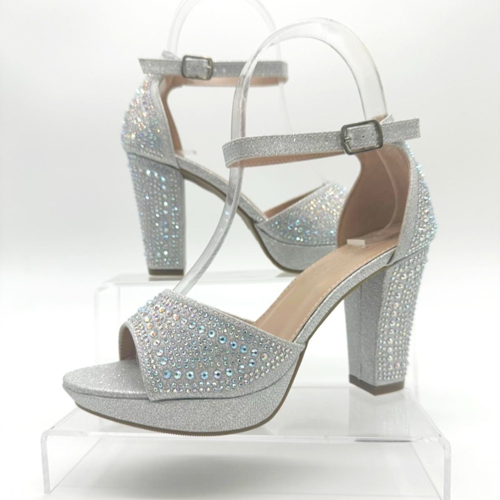 Women’s Silver Rhinestones Open Toe Platform Heels